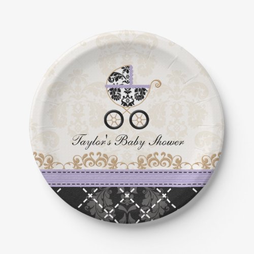 Lavender Damask Carriage Baby Shower Paper Plates