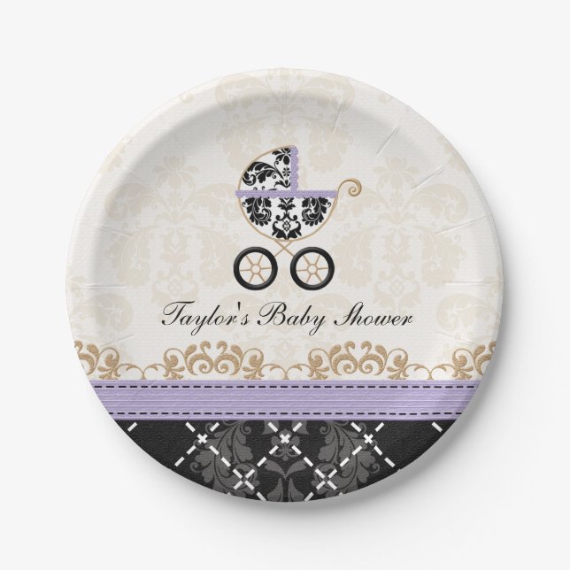 Lavender Damask Carriage Baby Shower Paper Plates (Front)