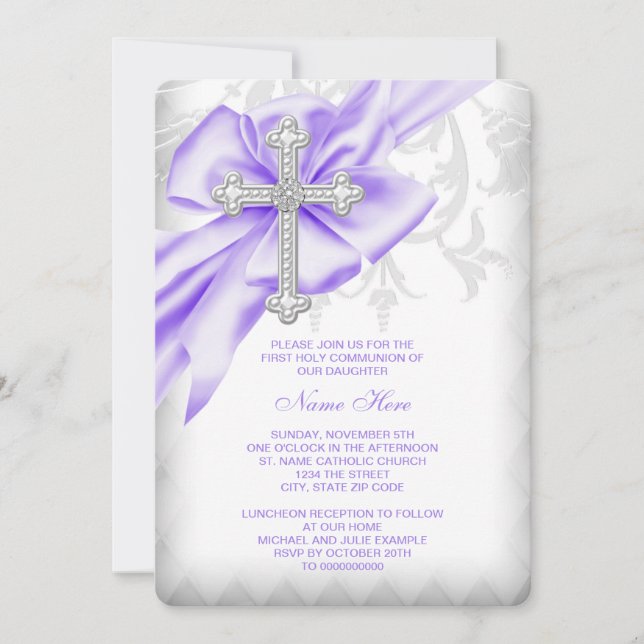 Lavender Damask Cross First Communion Invitation (Front)