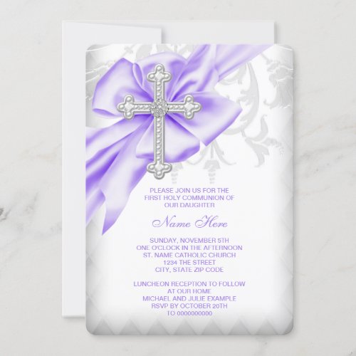 Lavender Damask Cross First Communion Invitation