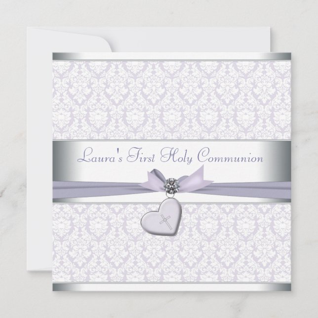 Lavender Damask Cross Girls Purple First Communion Invitation (Front)