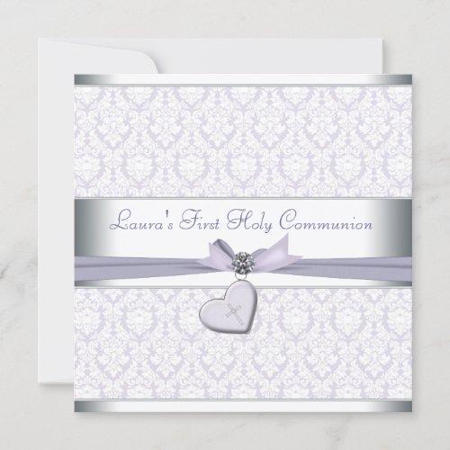 Lavender Damask Cross Girls Purple First Communion Personalized Invites