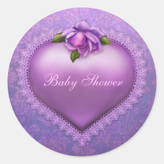 Lavender Damask Heart Classic Round Sticker (Front)