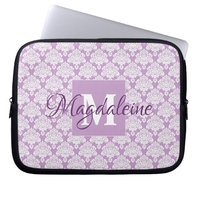 Lavender Damask Laptop Case with Monogram & Name (Front)