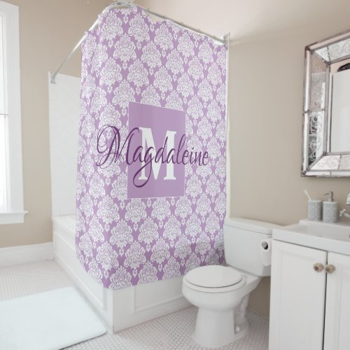 Lavender Damask Monogrammed Shower Curtain w Name