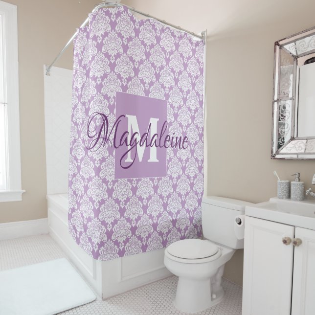 Lavender Damask Monogrammed Shower Curtain w/ Name (In Situ)