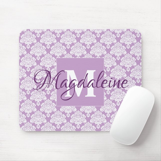 Lavender Damask Mouse Pad with Monogram & Name (With Mouse)
