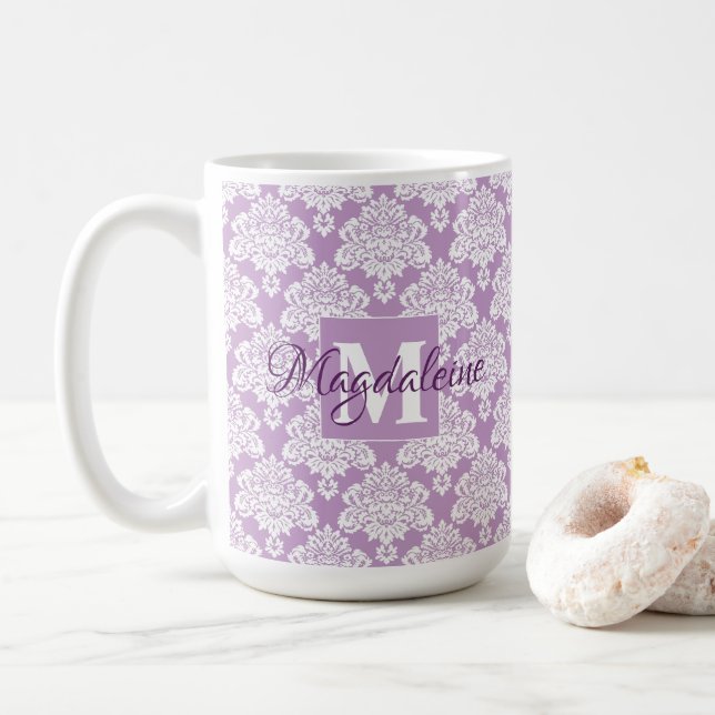 Lavender Damask Mug with Monogram and Name (With Donut)
