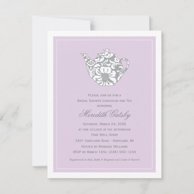 Lavender Damask Teapot Tea Party Wedding Shower Invitation (Front)