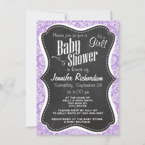 Lavender Damask; Vintage Chalkboard look Custom Announcement
