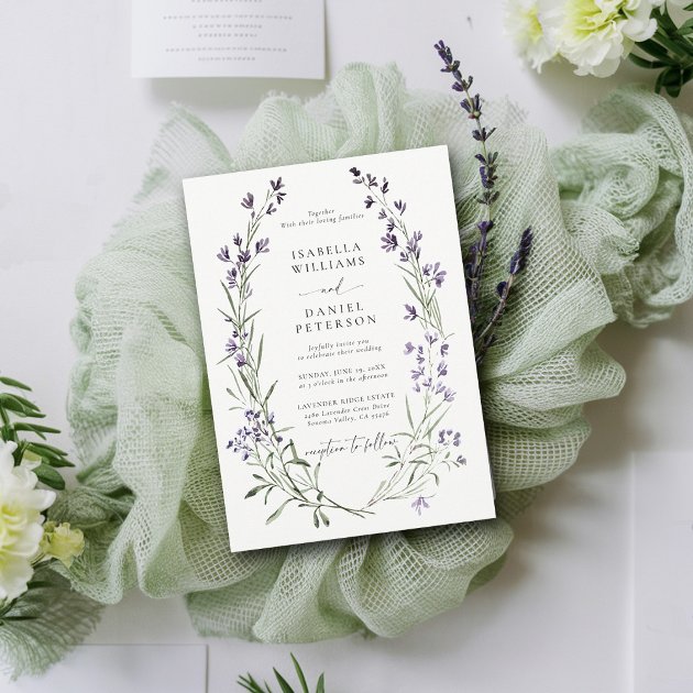 Lavender delicate frame modern classic wedding invitation — purple watercolor florals — Pencil Owl Studios