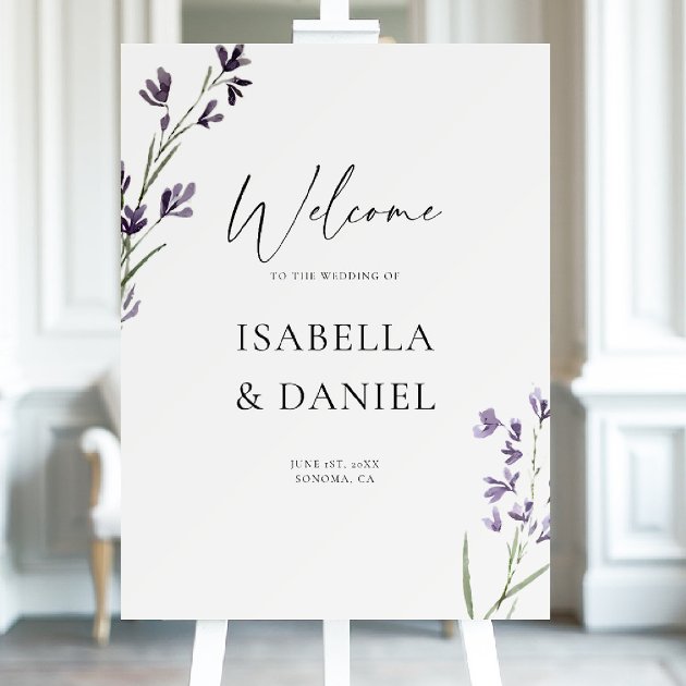 Lavender delicate watercolor chic wedding welcome foam board sign — Pencil Owl Studios