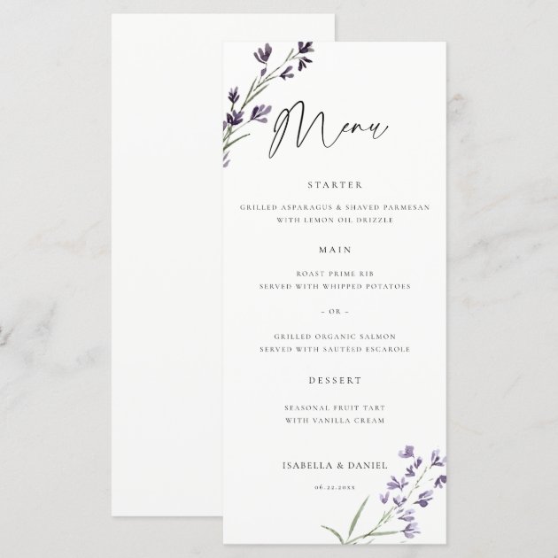 Lavender delicate watercolor elegant chic wedding menu — Pencil Owl Studios
