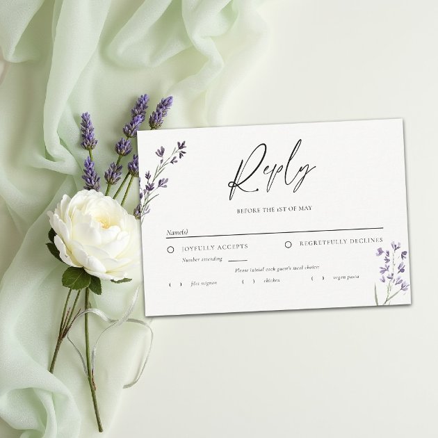 Lavender delicate watercolor elegant meal wedding RSVP card — Pencil Owl Studios