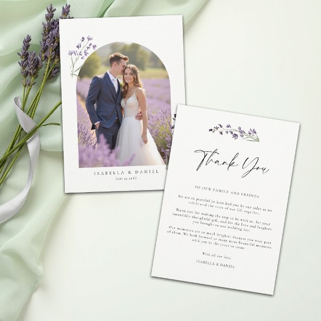 Lavender delicate watercolor elegant photo wedding thank you card — Pencil Owl Studios