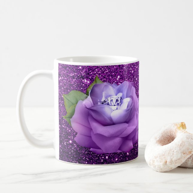 Lavender Diamond Rose Purple Faux Glitter Coffee Mug (With Donut)