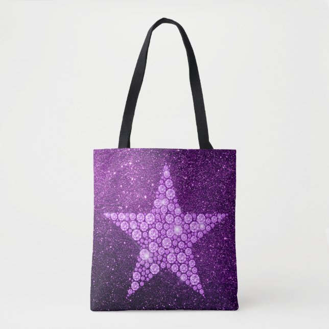 Lavender Diamond Star Purple Faux Glitter Tote Bag (Front)