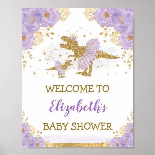 Lavender Dinosaur Ballerina Baby Shower Welcome Poster
