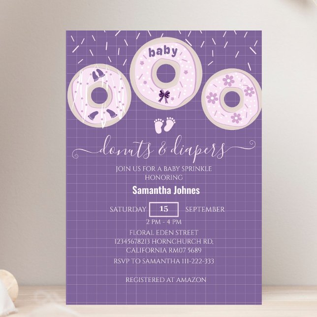 Lavender Donuts and Diapers Sprinkle Baby Shower Invitation (Creator Uploaded)