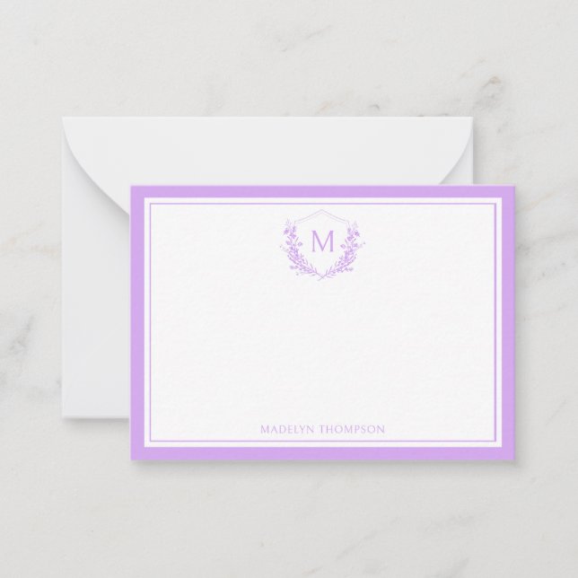 Lavender Double Border Floral Crest Monogram Note Card (Front)