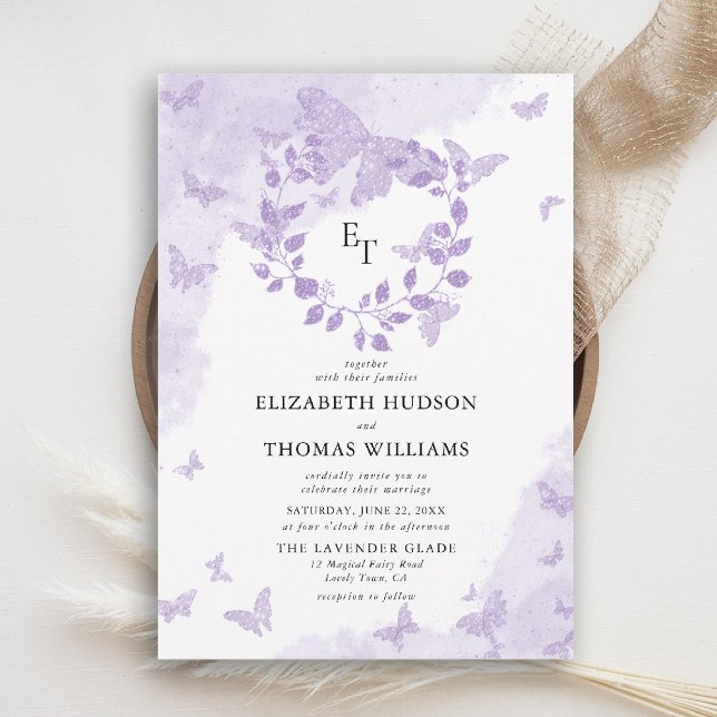Lavender Dream Butterfly Eucalyptus Crest Wedding Invitation (butterfly wedding invitation lavender purple eucalyptus crest elegant modern romantic)