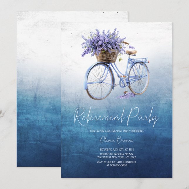 Lavender Dreams, Floral Bicycle Retirement Party Invitation (Front/Back)