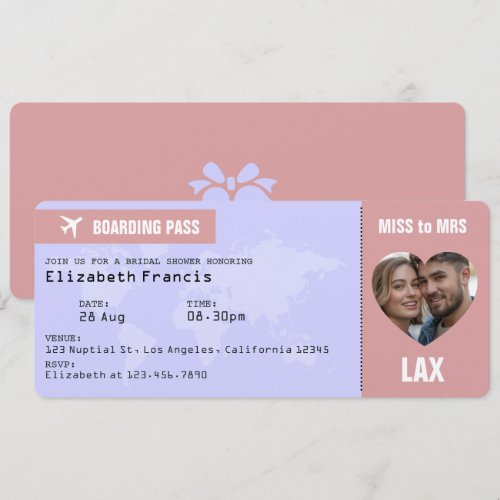 Lavender & Dusty Rose Boarding Pass Bridal Shower Invitation