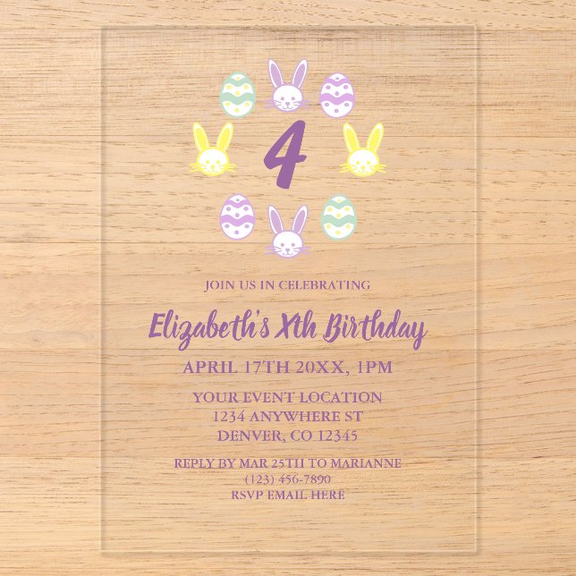 Lavender Easter 4th Birthday Acrylic Invitations (Front)