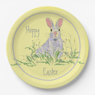 Lavender Easter Bunny Yellow Background Paper Plates
