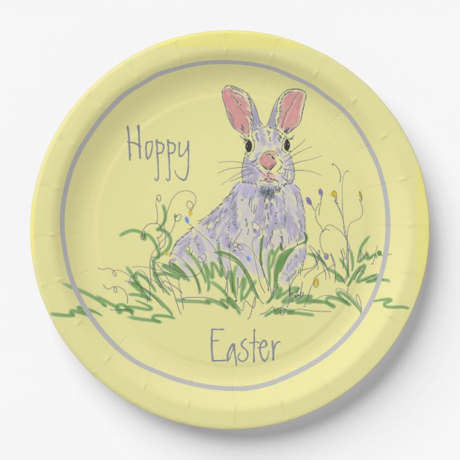 Lavender Easter Bunny Yellow Background   Paper Plates (Front)