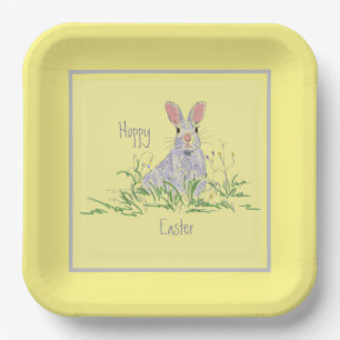 Lavender Easter Bunny Yellow Background Square  Pa Paper Plates