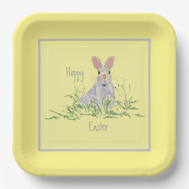 Lavender Easter Bunny Yellow Background Square  Pa Paper Plates (Front)