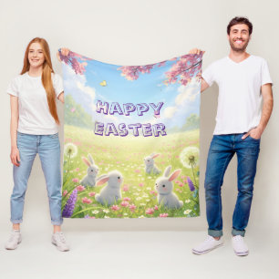 Lavender Easter Cute White Bunny Floral Spring Fleece Blanket