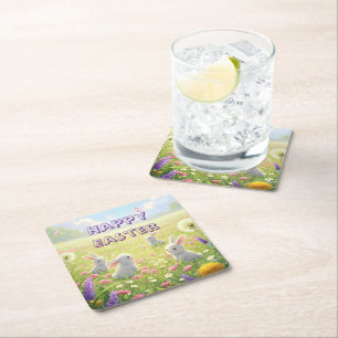 Lavender Easter Cute White Bunny Floral Spring Square Paper Coaster