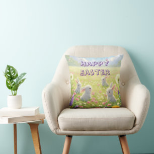 Lavender Easter Cute White Bunny Floral Spring  Throw Pillow