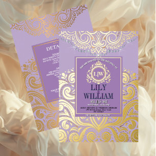 Lavender Elegant Artdeco Diamond Monogram Wedding Foil Invitation
