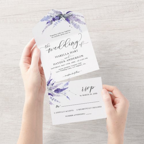 Lavender Elegant Lilac Floral Botanical Wedding All In One Invitation