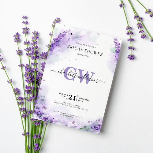 Lavender Elegant Watercolor Monogram Bridal Shower Invitation