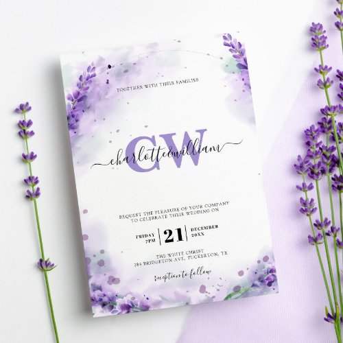 Lavender Elegant Watercolor Monogram Wedding Invitation