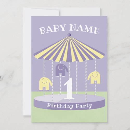 Lavender Elephant Carousel 1st Birthday  Invitation