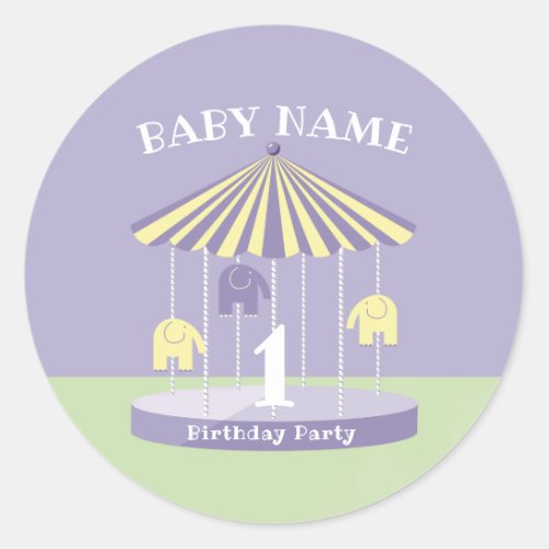 Lavender Elephant Carousel Colorful First 1st Classic Round Sticker