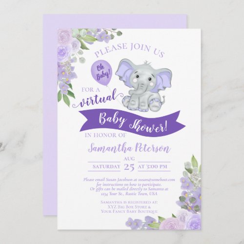 Lavender Elephant  Floral Virtual Baby Shower Invitation