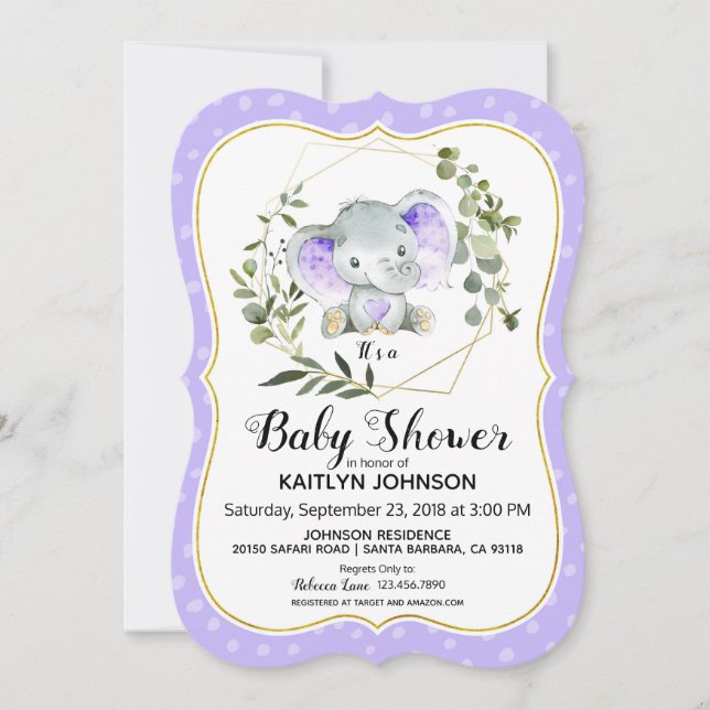 Lavender Elephant Modern Baby Shower Invitation (Front)