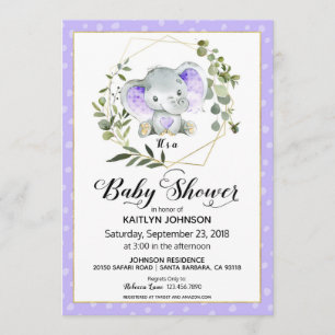 Lavender Elephant Modern Baby Shower Invitation