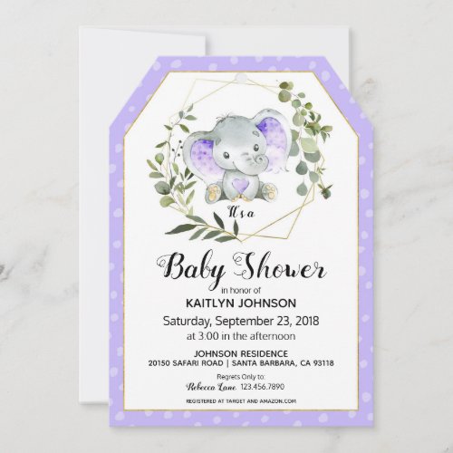 Lavender Elephant Modern Baby Shower Invitation