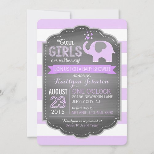 Lavender Elephant Stripe Twin Girls Baby Shower Invitation