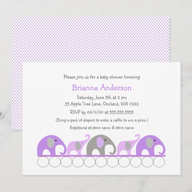 Lavender elephants baby shower / sprinkle invites (Front/Back)