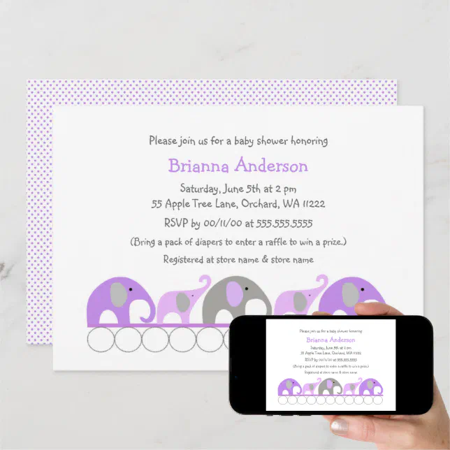Lavender elephants baby shower / sprinkle invites Zazzle