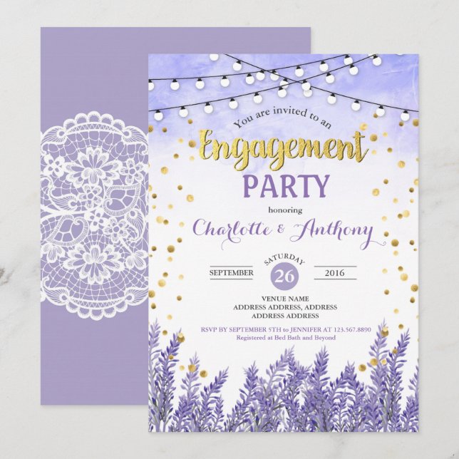 Lavender engagement party invitation purple gold (Front/Back)