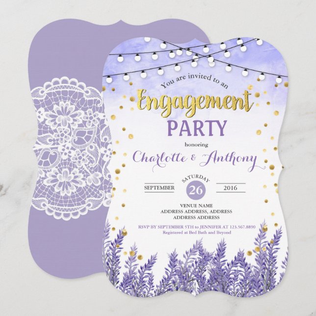 Lavender engagement party invitation purple gold (Front/Back)